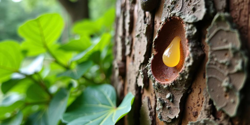 Nærbilde av Boswellia serrata med harpiks og blader.