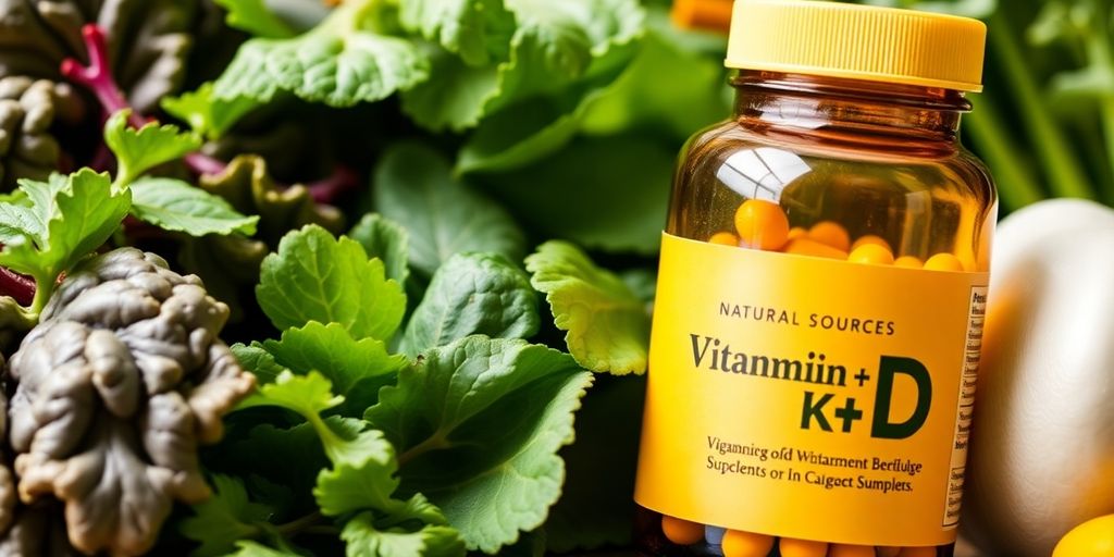 Nærbilde av grønne blader og vitaminflaske.