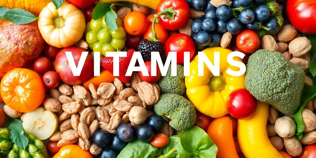 Frisk frukt, grønnsaker og nøtter med vitaminer.