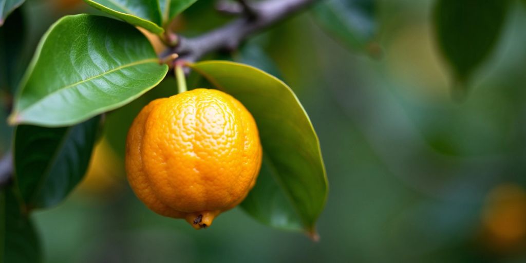 Nærbilde av en moden bergamot på en gren.