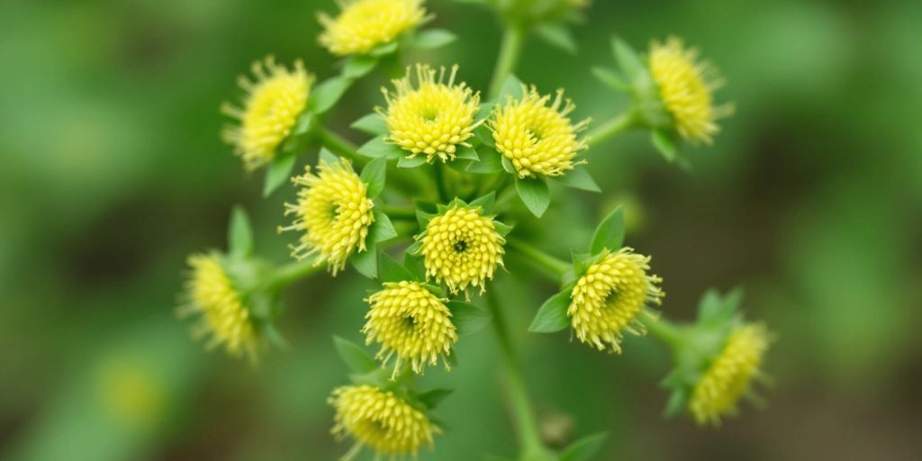 Storatraktylodes med gule blomster og grønt bladverk.
