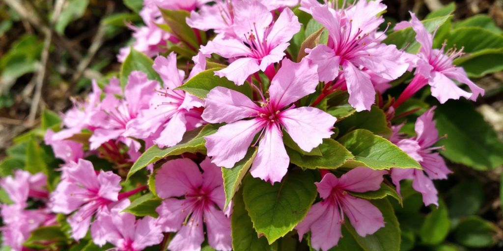 Nærbilde av Harerug med rosa blomster.