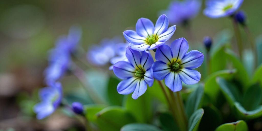 Blåveisblomster med grønne blader i nærbilde.