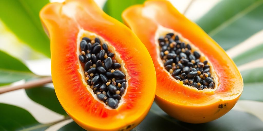 Fersk papaya med saftig oransje fruktkjøtt.