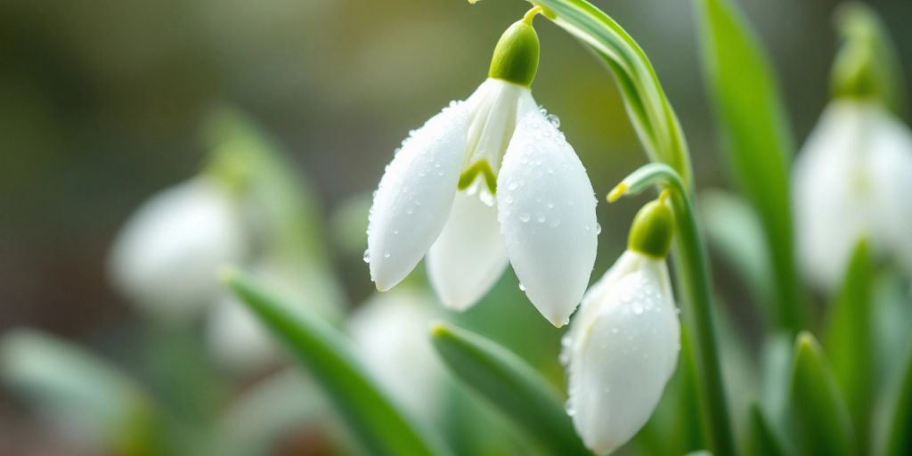 Snøklokke med hvite blomster og grønne blader.