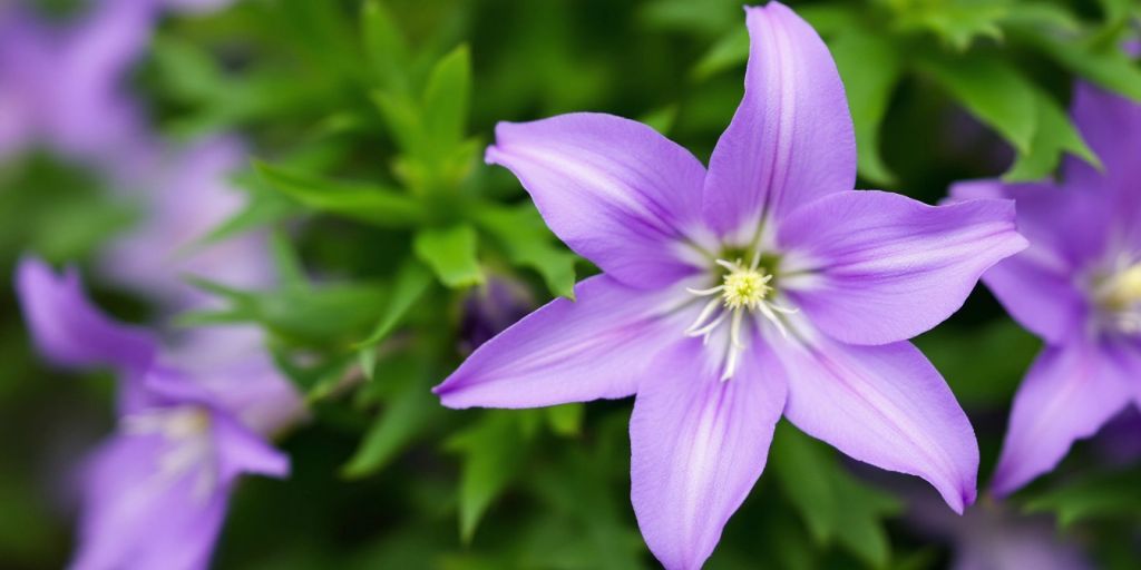 Vakker stor kubjelle med lilla blomster.