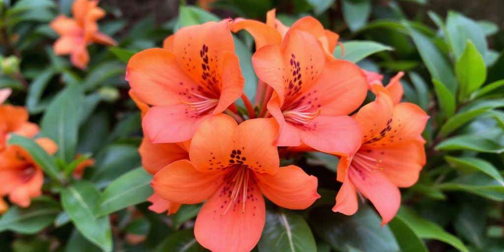 Leopardblomst med oransje blomster og grønne blader.