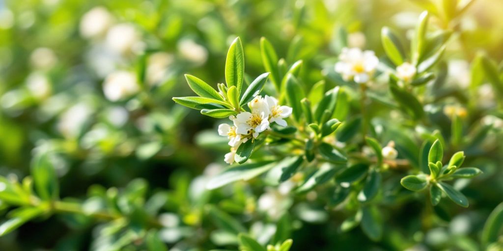 Nærbilde av Myrtus communis med blomster.
