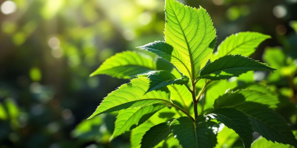 Nærbilde av patchouli blader mot en uskarp bakgrunn.