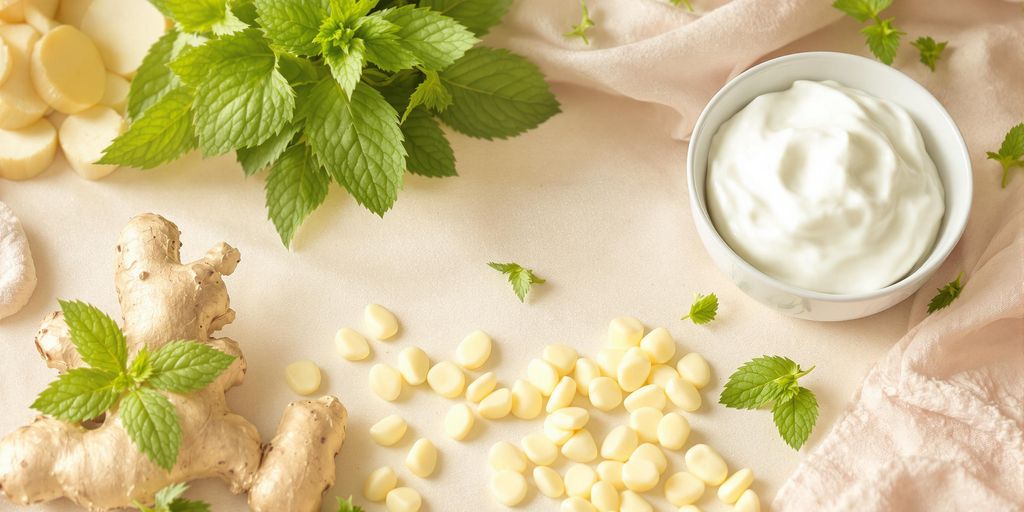 Frisk mat mot oppblåst mage: ingefær, peppermynte, yoghurt.