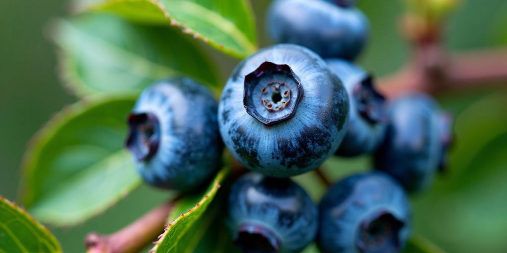 Nærbilde av modne blåbær på busk.