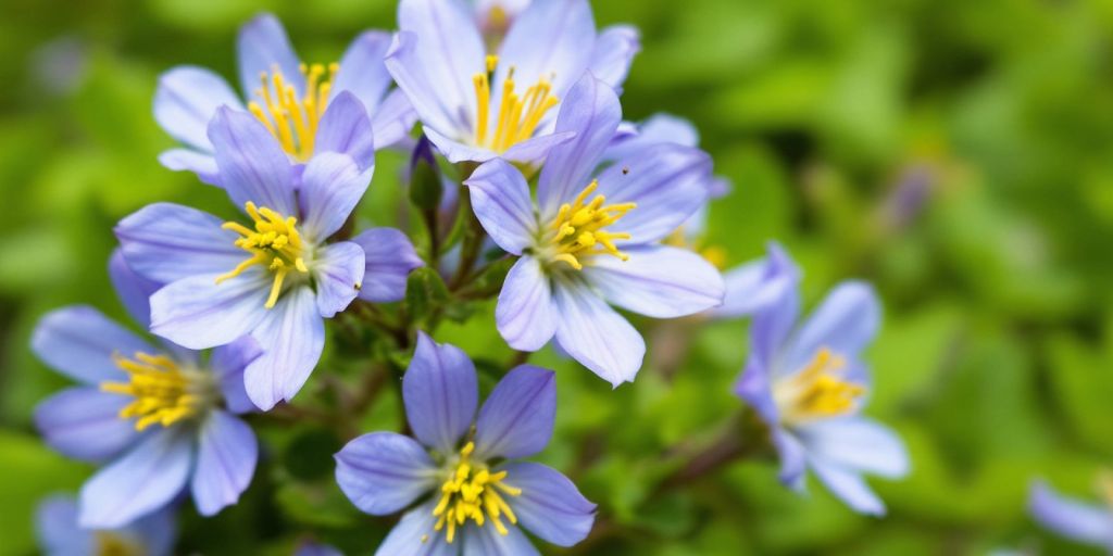 Fjellflokk blomster med blå kronblader og gule støvdragere.