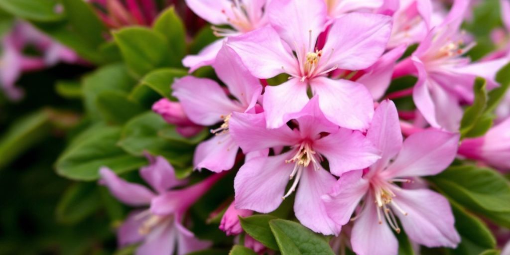 Nærbilde av Krattmjølke med rosa blomster.