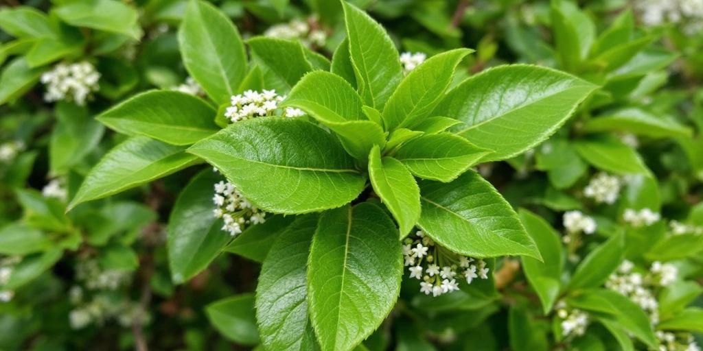 Ligusterblader og hvite blomster i nærbilde.