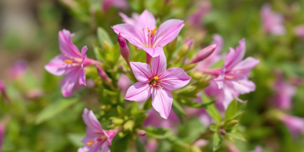 Nærbilde av Geitrams blomster med rosa kronblader.