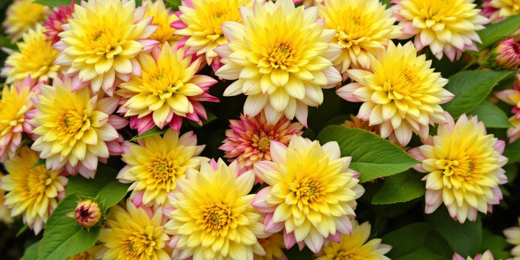 Fargerike Krysantemum blomster med grønne blader.
