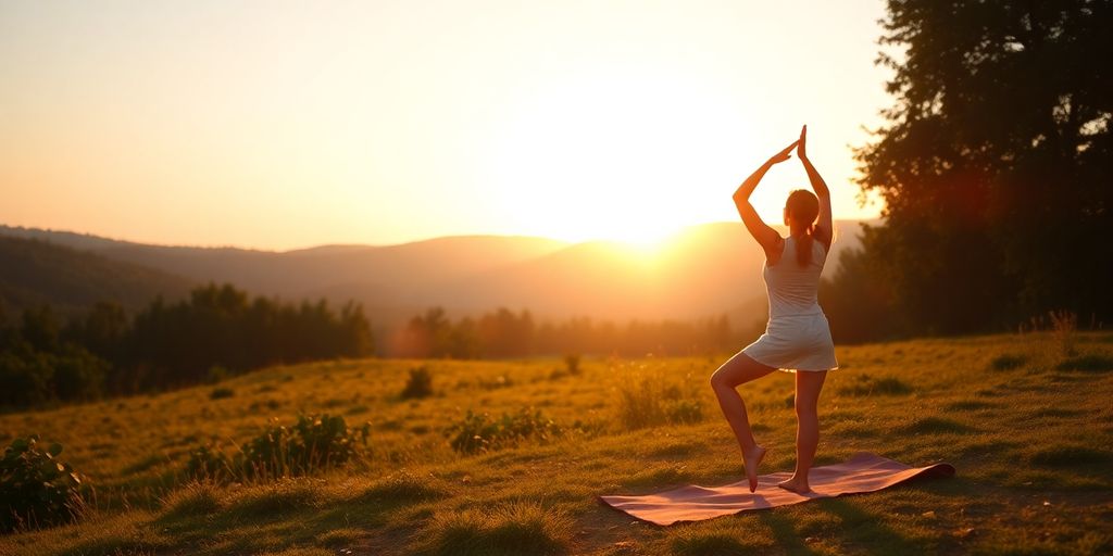 Person som trener yoga i naturen ved soloppgang.