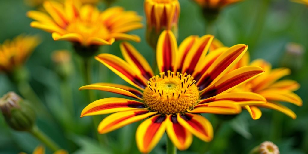 Nærbilde av Fargetistelblomster med gule og oransje kronblader.