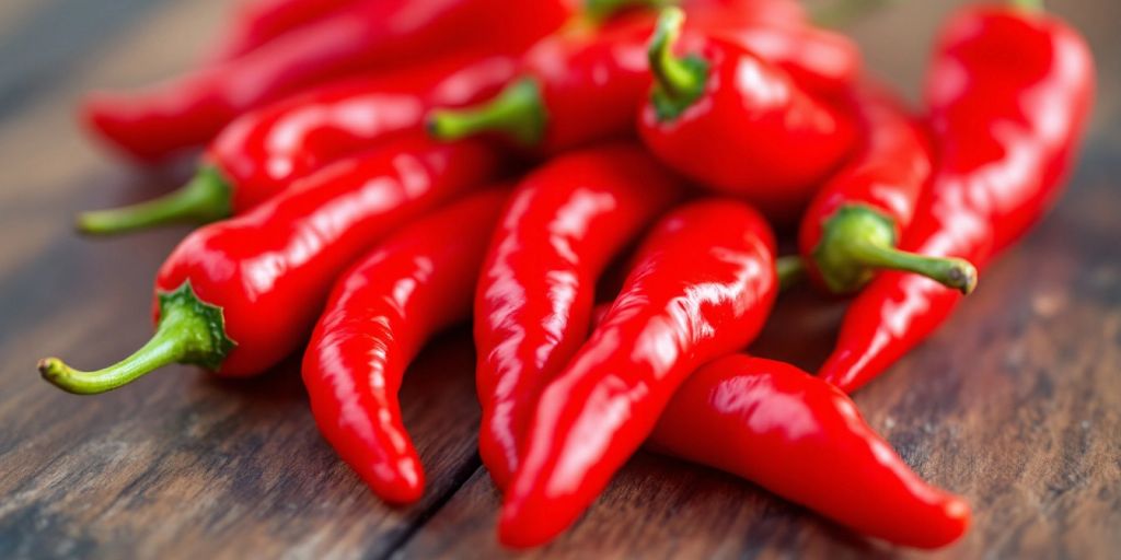 Nærbilde av Kayenne paprika med rød farge.