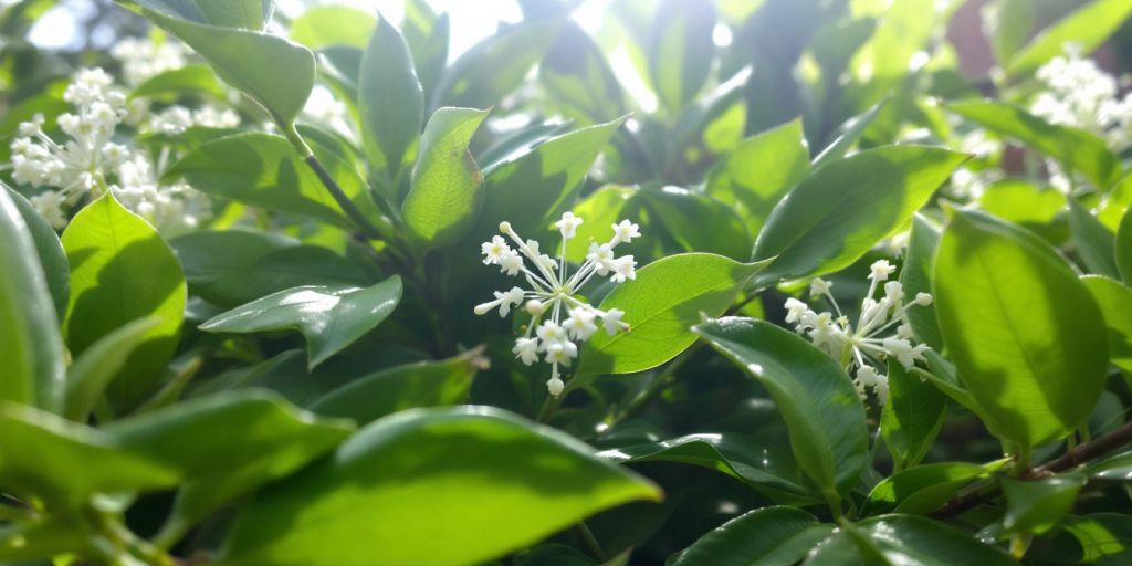 Klaseormedrue med grønne blader og hvite blomster.