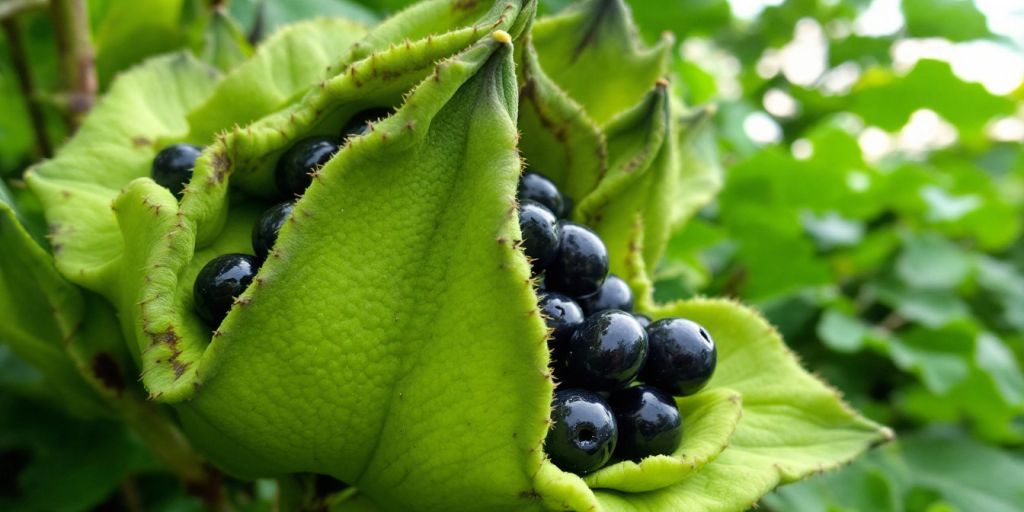 Bilde av Mucuna pruriens belger og frø.