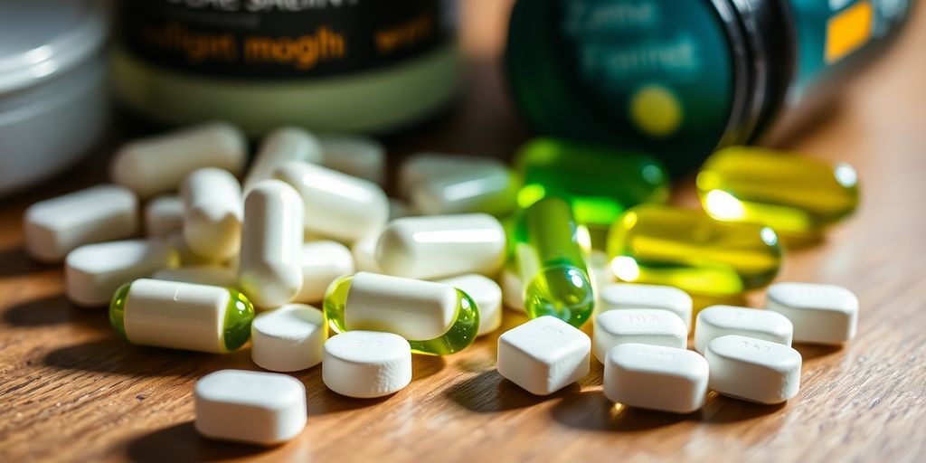 ZMA-kapsler og magnesiumtabletter på treflate.