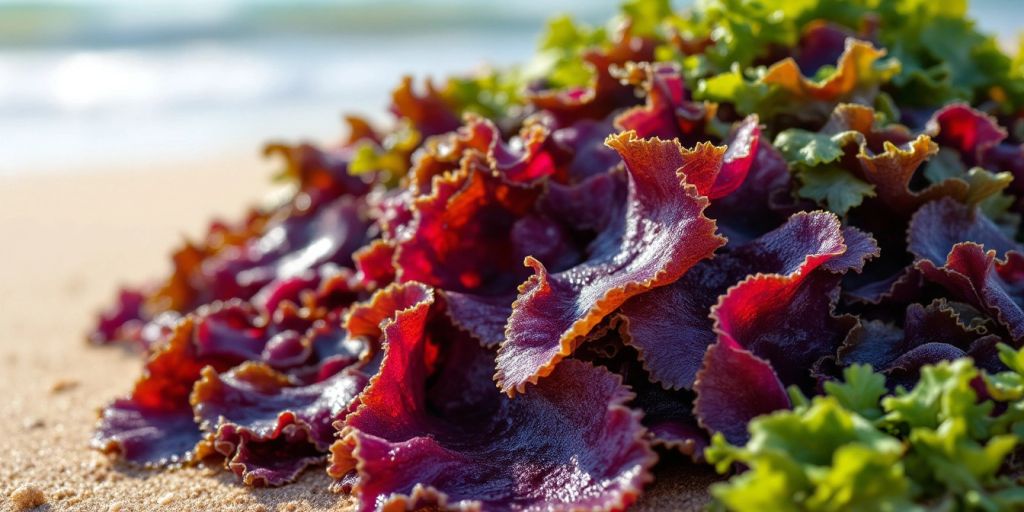 Frisk søl (Palmaria palmata) alger på stranden.