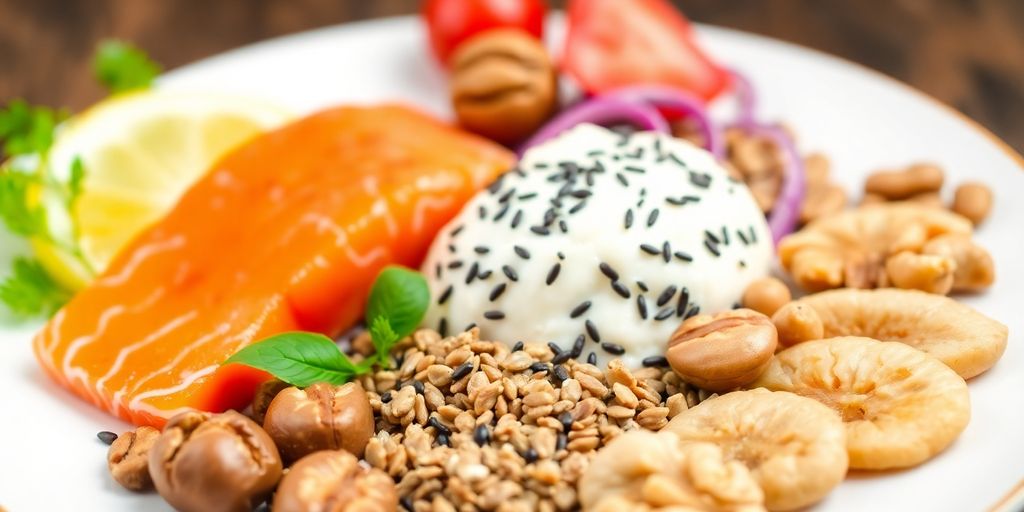 Fargerik tallerken med Omega 3, 6 og 9 matvarer.