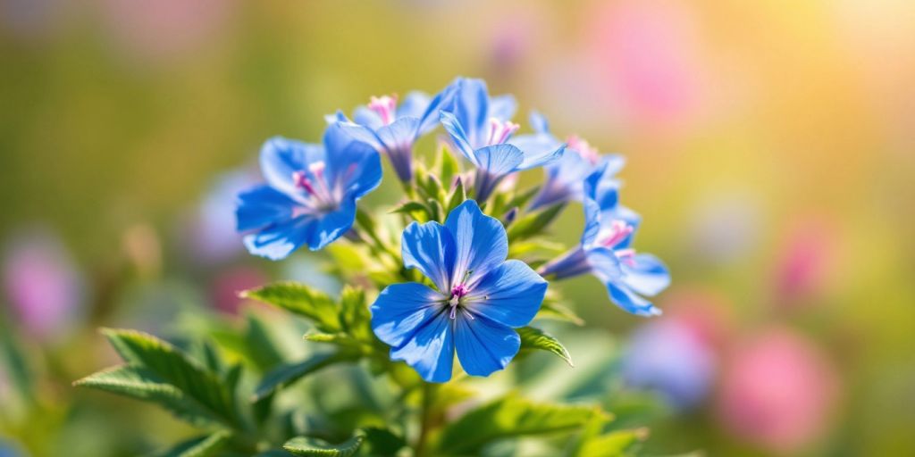 Nærbilde av sikori med blå blomster og grønne blader.