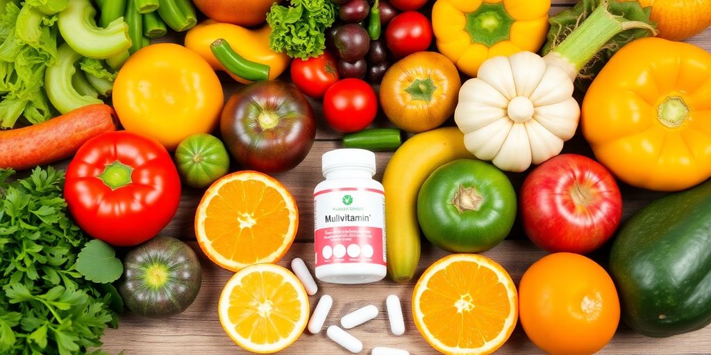 Fargerik samling av frukt, grønnsaker og multivitaminer.