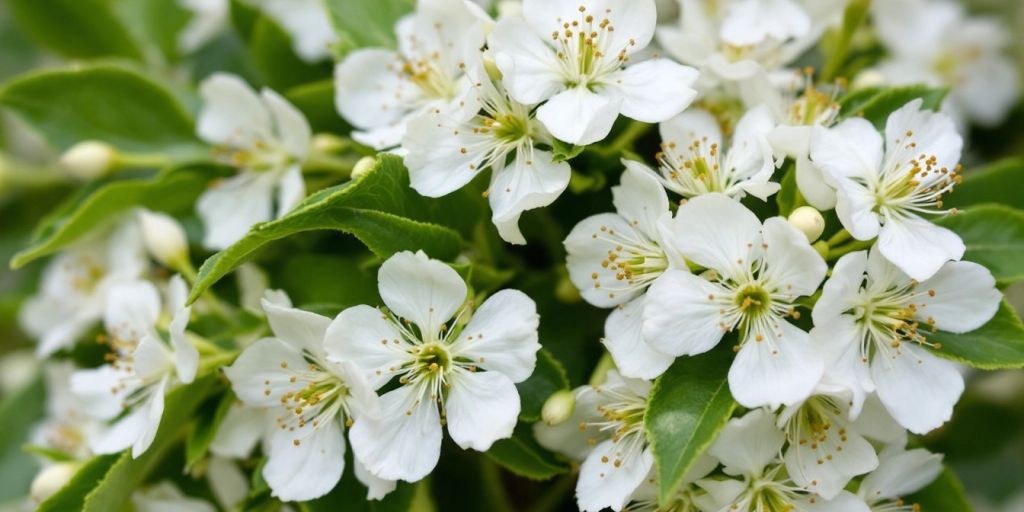 Heggblomster med hvite kronblader og grønne blader.