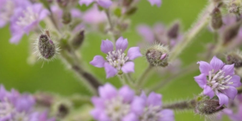 Rødknapp med lilla blomster og grønne blader.