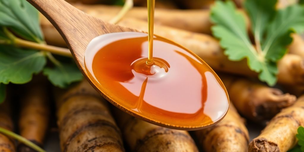 Yaconsirup på skje med yaconrøtter og blader.