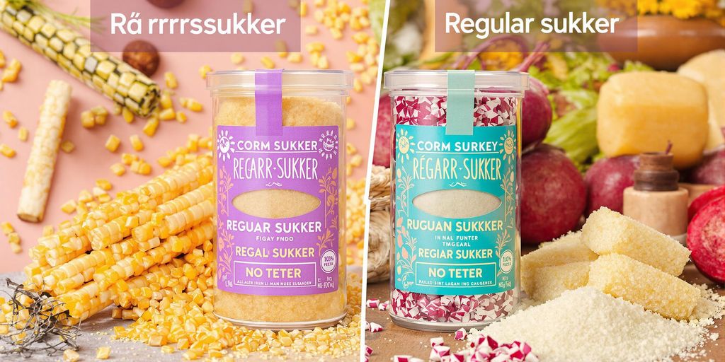 Bilde av rårørsukker og sukker i beholdere.