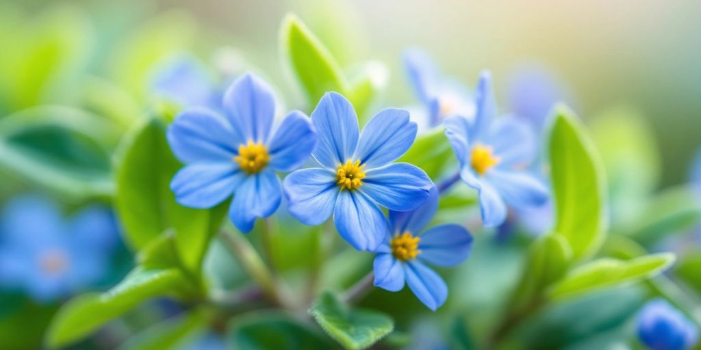 Blå forglemmegei blomster med grønne blader.