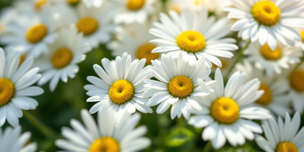 Tusenfryd blomster med hvite kronblader og gule midtpunkt.