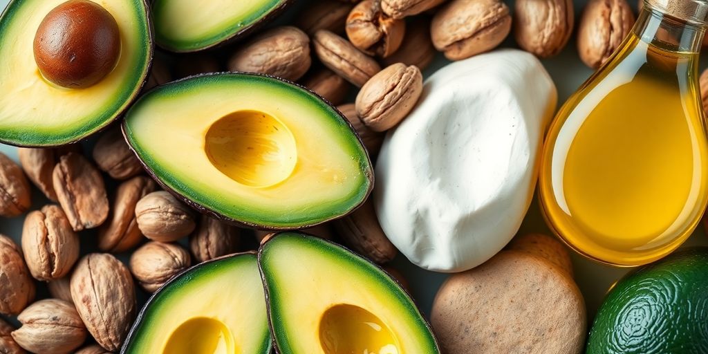 Nærbilde av sunne fettkilder som avocado og nøtter.