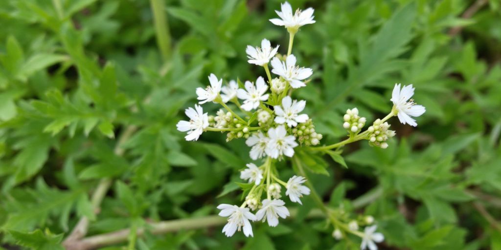 Hundekjeks med hvite blomster og grønt bladverk.