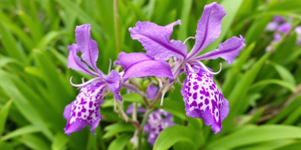 Flekkmarihånd med lilla blomster og grønt bladverk.