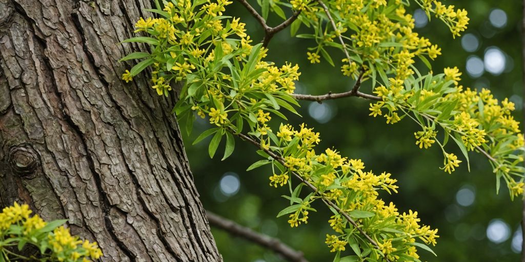 Nærbilde av Amurkorktre med blader og blomster