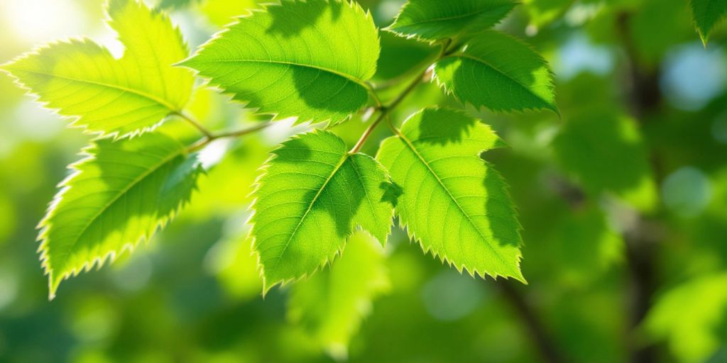 Nærbilde av Alnus-blader med grønne farger.