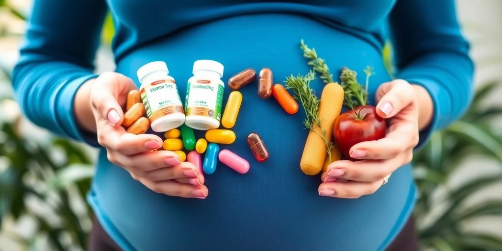 Gravide kvinne med vitaminer og sunn mat.