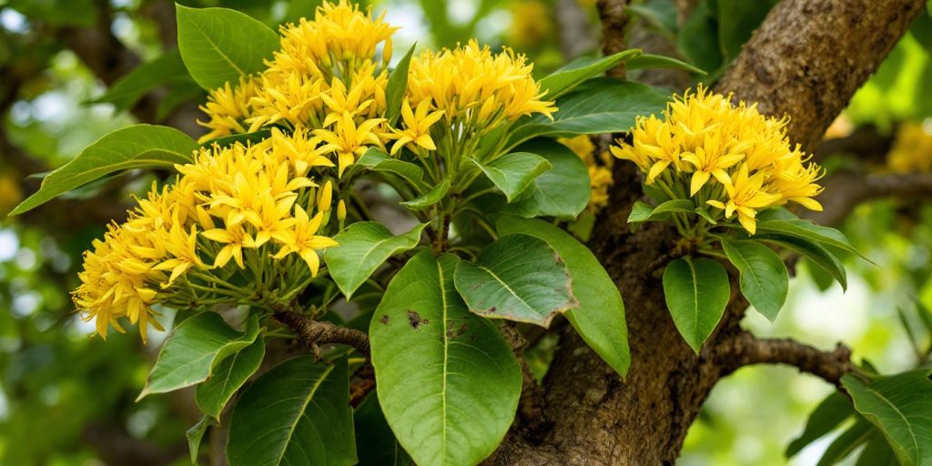 Perubalsamtre med grønne blader og gule blomster