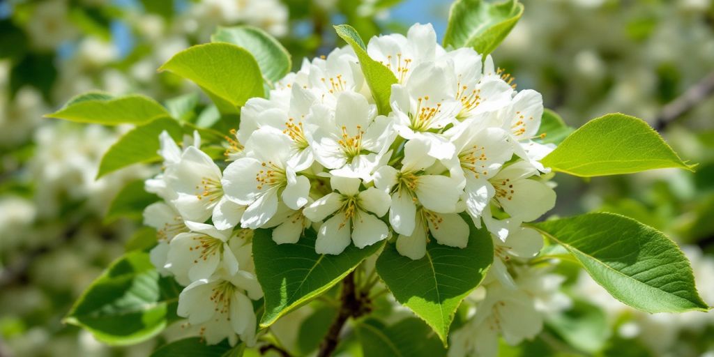 Blomstrende søtmispel med hvite blomster og grønne blader.