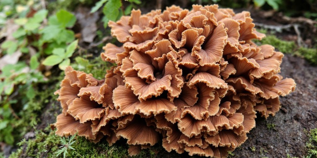 Maitake sopp vokser på et trestamme.