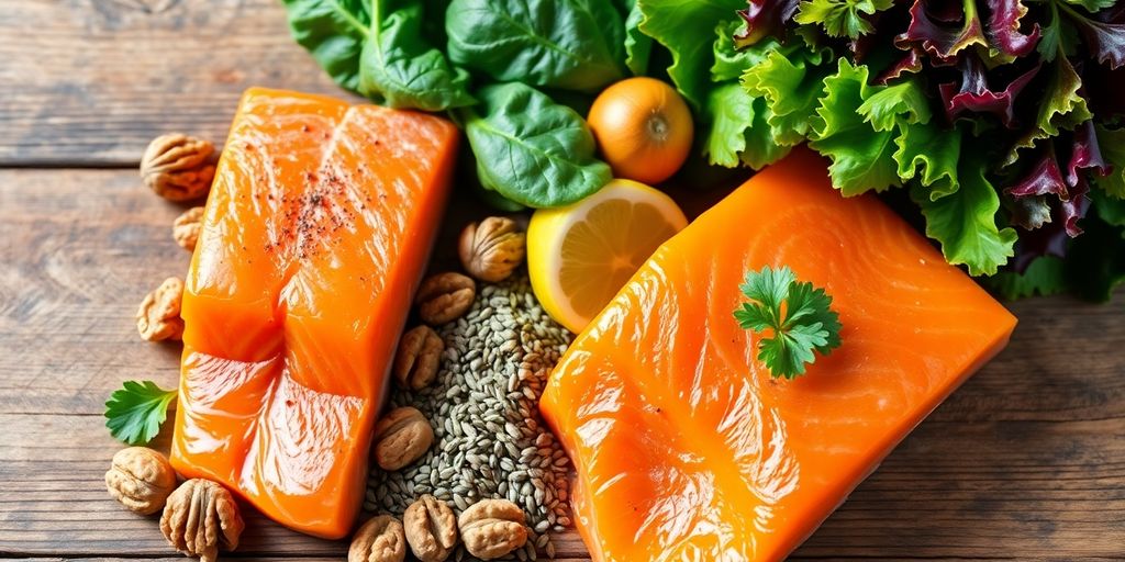 Varierte omega-3 rike matvarer på et trebord.