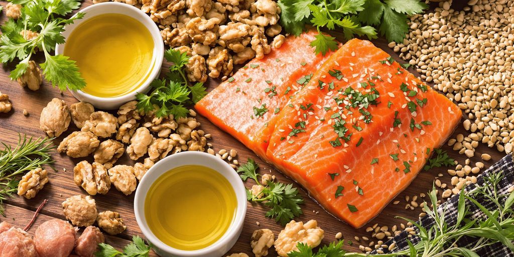 Fargerik samling av omega-3 rike matvarer.