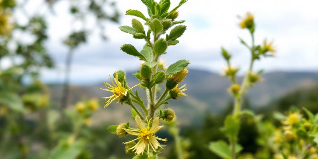 Gresk fjellte med grønne blader og gule blomster.