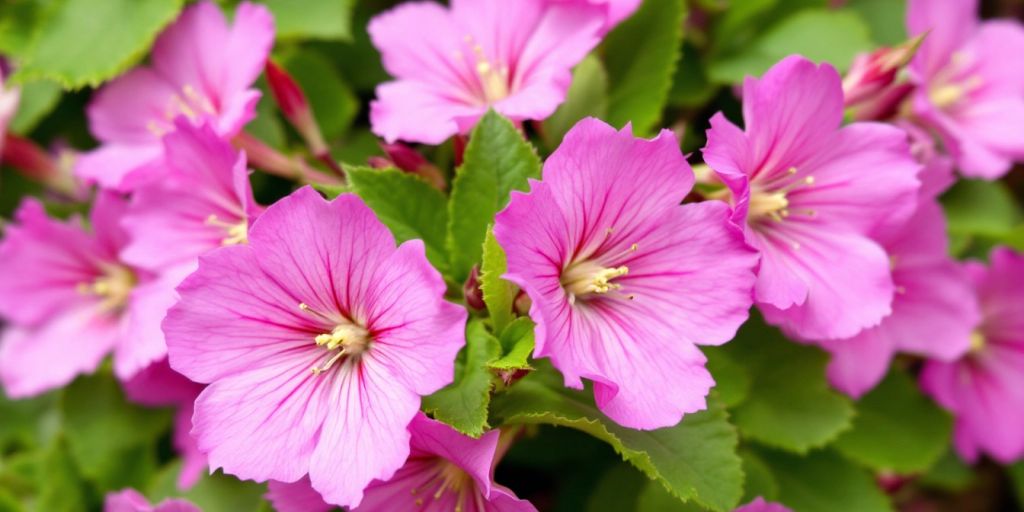 Flekkstorkenebb med rosa blomster og grønne blader.
