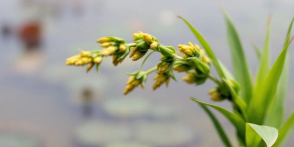 Kalmusrot med grønne blader og blomster.